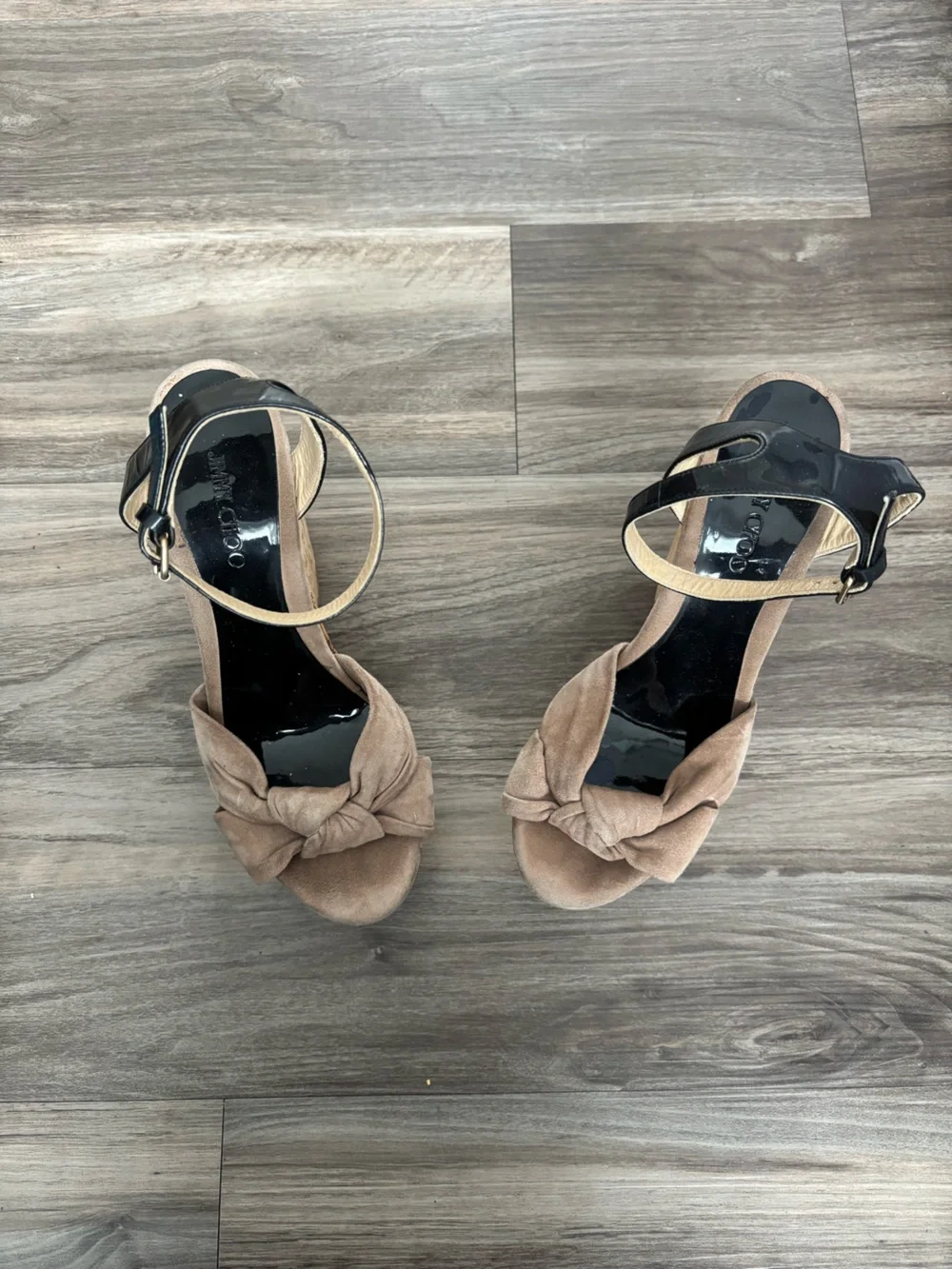 Jimmy Choo Women’s Cork Wedge Sandals with Taupe Suede KnotBlack Patent Straps